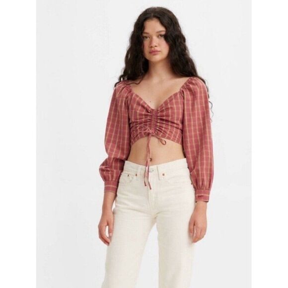 Levi’s Womens Red Beige Plaid Crop Long Sleeve Top Large - Picture 1 of 6